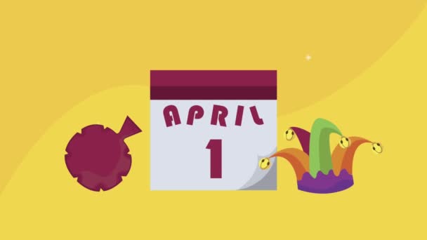 April dwazen dag animatie met kalender en scheet tas — Stockvideo