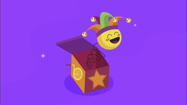 April fools day animation with joker emoji in surprise box — Stock Video