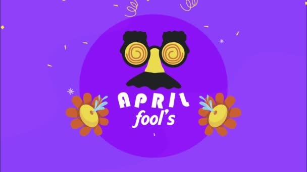 Aprilscherz Schriftzug mit Maske und Wasserblumen — Stockvideo