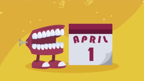April fools day animation with crazy mouth walking and calendar — Stock Video