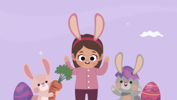 Happy easter animation with girl and rabbits — Stock Video