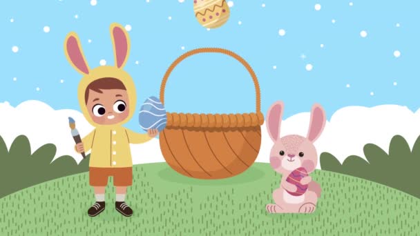 快乐的东方动画与男孩和兔子的风景 — 图库视频影像