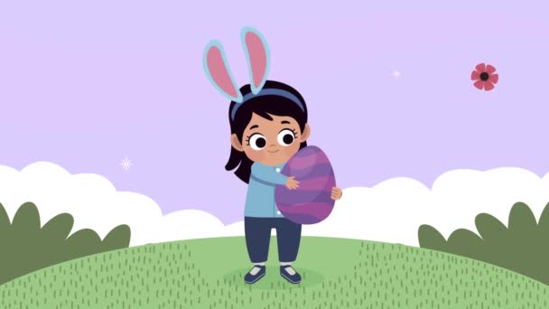 Happy easter animation with girl lifting egg — Stock Video