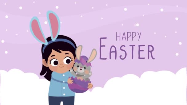 Feliz Páscoa lettering com menina carregando bebê coelho — Vídeo de Stock