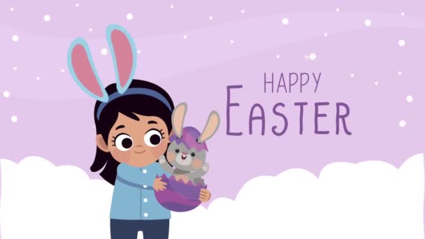 Happy easter lettering with girl carrying baby rabbit — Stock Video