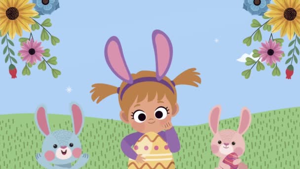 Happy easter animation with little girl and rabbits — Stock Video