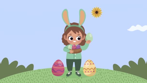 Χαρούμενο πασχαλινό animation με χαριτωμένο κορίτσι και αυγά — Αρχείο Βίντεο