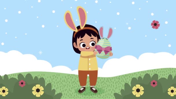 Happy easter animation with girl carrying egg painted — Stock Video