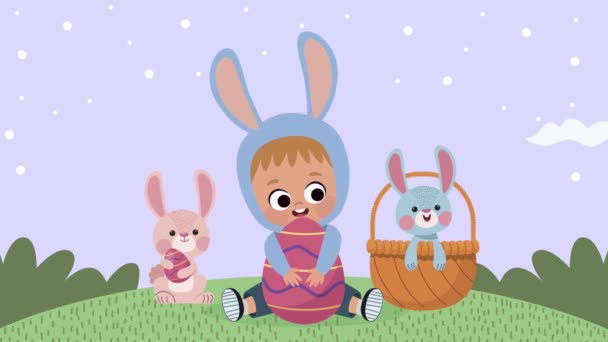 Happy easter animation with little kid seated and rabbits scene — Stock Video