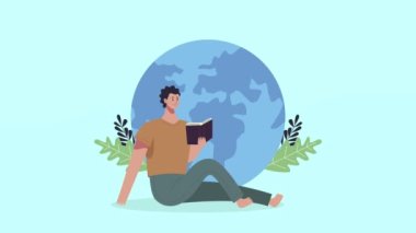 Dünya gezegeniyle kitap okuyan genç bir öğrenci.