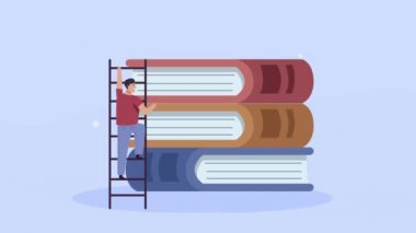 Genç öğrenci kitapların arasında merdivenleri çıkıyor.