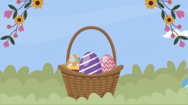 Sepete ve çiçeğe boyanmış yumurtalarla Paskalya animasyonu