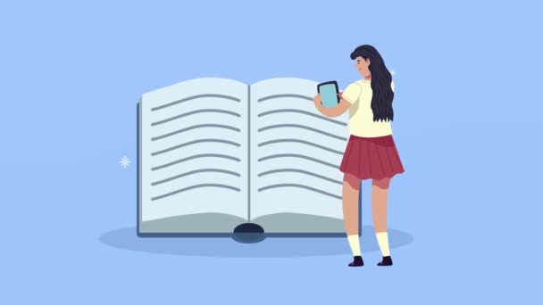 타블렛 과 책을 사용하는 어린 여학생 — 비디오