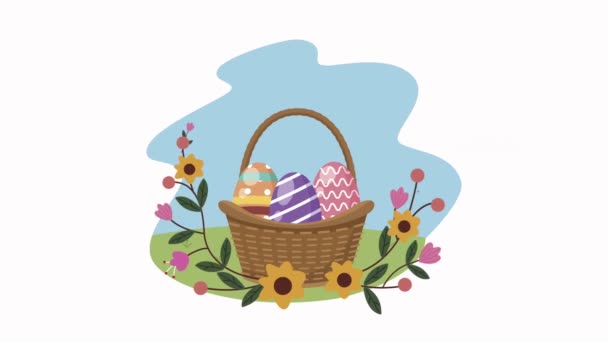 Happy easter animation with eggs painted in basket — Stock Video