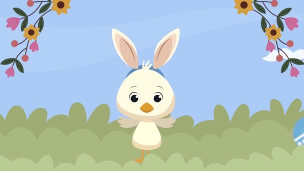 Pasen animatie met eend dragende oren konijn en bloemen — Stockvideo