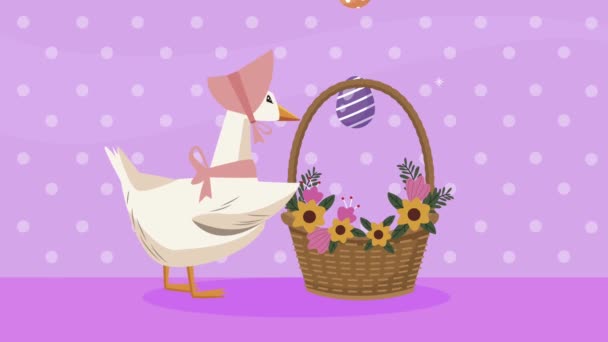 Χαρούμενο πασχαλινό animation με πάπια μαμά και αυγά στο καλάθι — Αρχείο Βίντεο