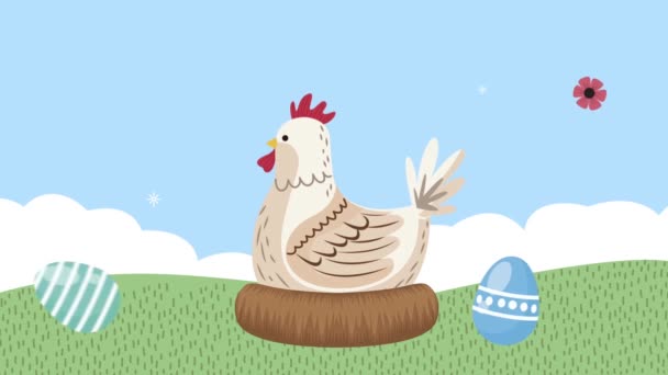 Happy easter animation with hen in nest and eggs — Stock Video