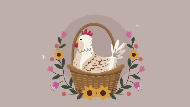 Felice animazione pasquale con gallina in cesto e fiori — Video Stock