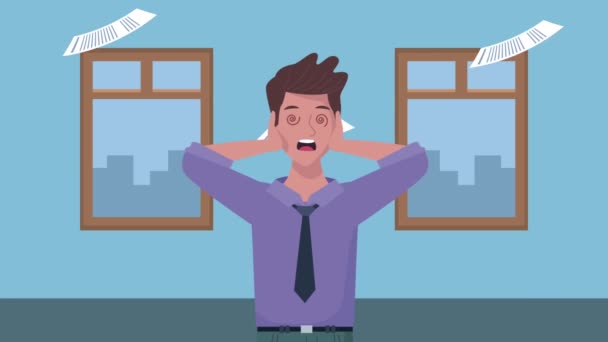 Empresário extressed com papel voando animação — Vídeo de Stock
