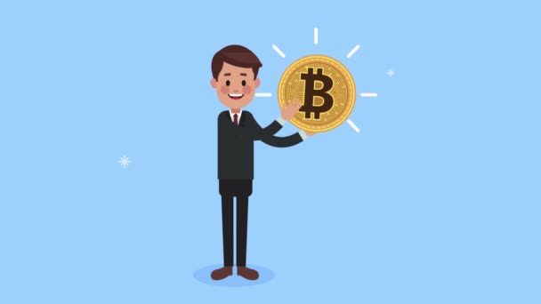 Hombre de negocios levantamiento de Bitcoin animación criptomoneda — Vídeo de stock