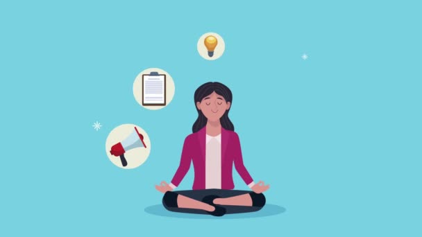 Empresaria practicando yoga con iconos de animación — Vídeo de stock