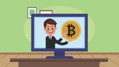 Masaüstü animasyonunda bitcoin ile iş adamı