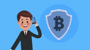 Akıllı telefon ve bitcoin sembolü ile iş adamı arıyor