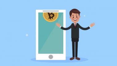 Akıllı telefonunda bitcoin olan bir işadamı.