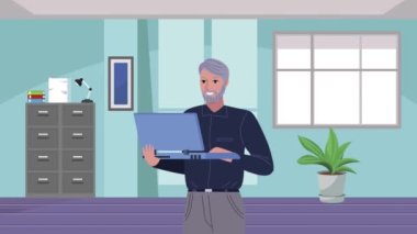 Dizüstü bilgisayar animasyonunda çalışan zarif iş adamı