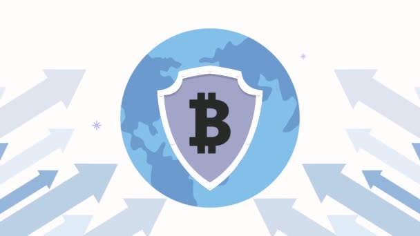 Bitcoin en escudo con planeta tierra y flechas — Vídeos de Stock