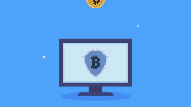 Bitcoins in desktop met schild animatie — Stockvideo