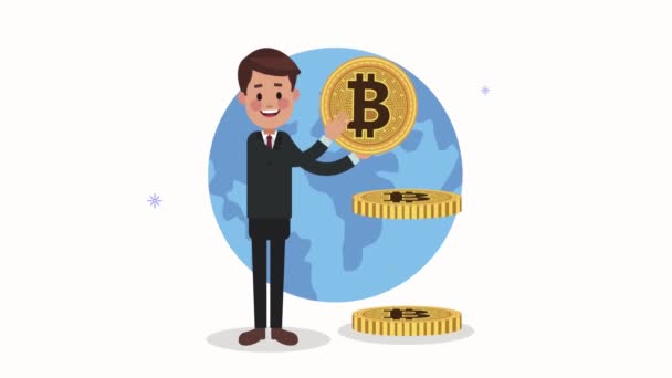 Uomo d'affari con bitcoin e pianeta terra — Video Stock