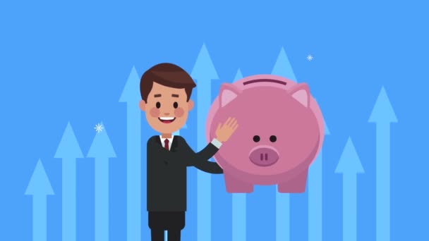 Елегантний бізнесмен піднімає свинячі заощадження — стокове відео