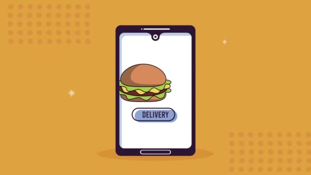 Leverans mat hamburgare i mobiltelefon animation — Stockvideo