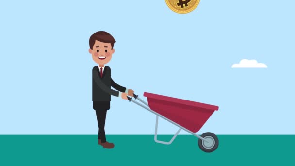 Businessman with bitcoins in wheelbarrow — Stock Video