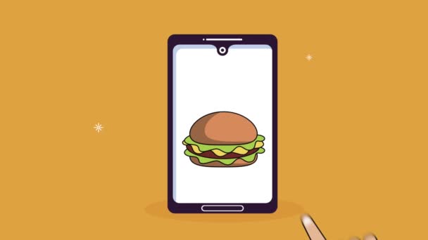 Levering voedsel hamburger in smartphone tech — Stockvideo