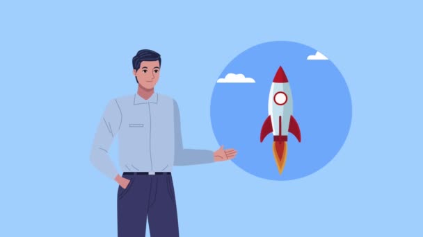 Elegante trabajador de negocios con animación cohete — Vídeo de stock