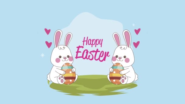 与兔子和鸡蛋一起欢欢喜喜地庆祝复活节 — 图库视频影像