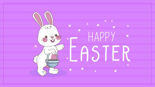 Happy easter lettering with rabbit and basket — Stock Video