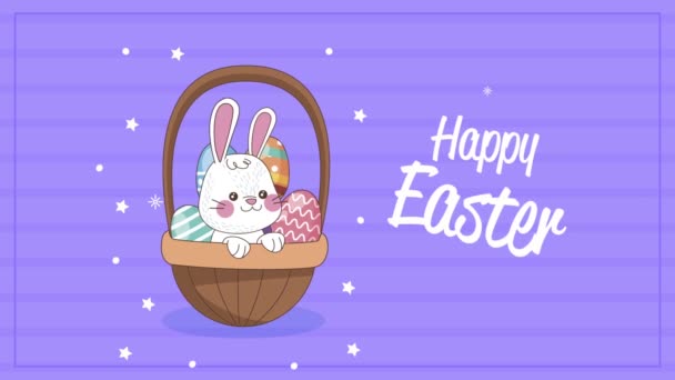 Feliz celebración de letras de Pascua con conejo en la cesta — Vídeo de stock