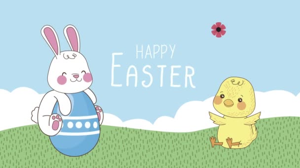 Felice Pasqua lettering con coniglio e pulcino nel campo — Video Stock