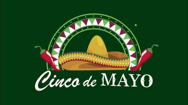 Cinco de mayo Schriftzug mit Hut und Chilischoten — Stockvideo