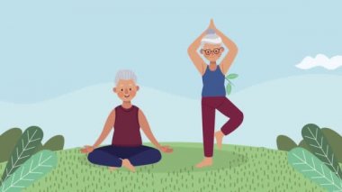 Kampta yoga yapan yaşlı bir çift.