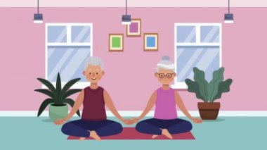 Yaşlı çift yoga animasyonu yapıyor.