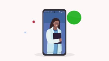 Akıllı telefon animasyonunda profesyonel kadın doktor.