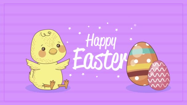 Happy easter lettering celebration with chick and eggs — Stock Video