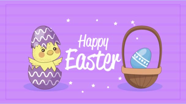 Happy easter lettering celebration with chick and basket — Stock Video