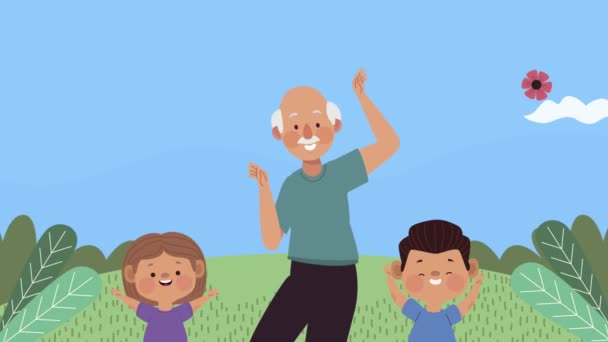 Opa met kinderen dansen animatie — Stockvideo