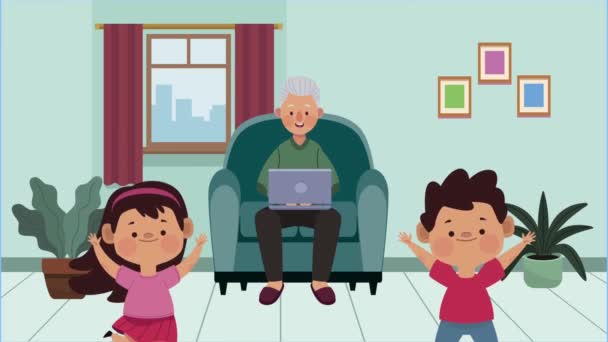 Opa met kinderen in de woonkamer animatie — Stockvideo