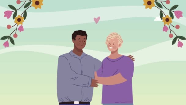 Jovens amantes interracial gay casal personagens — Vídeo de Stock